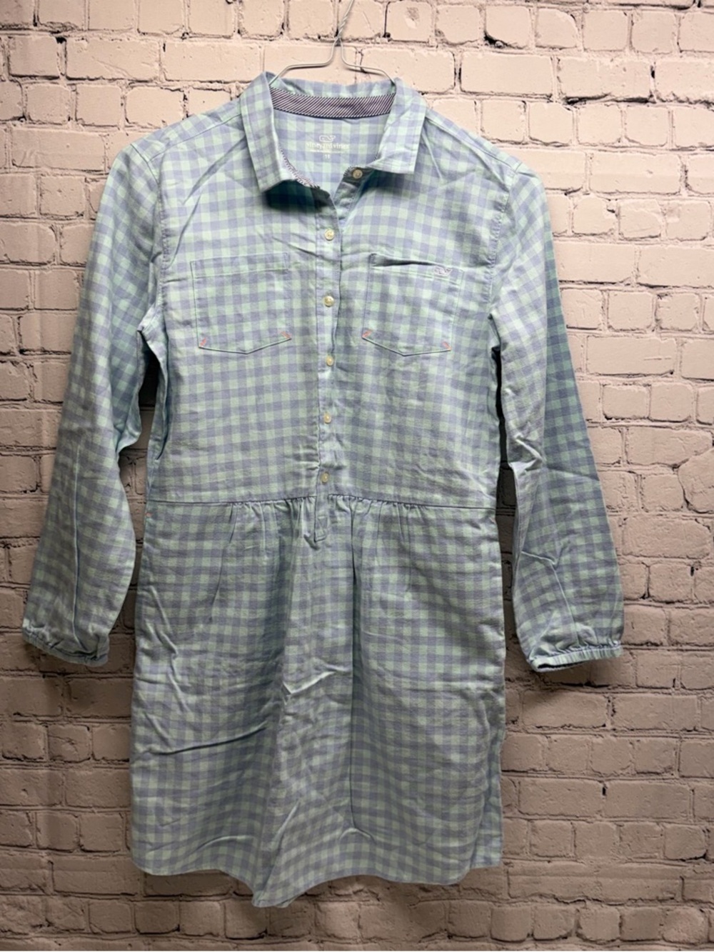 Vineyard Vines girls Blue and Mint Gingham Shirt dress size 16
